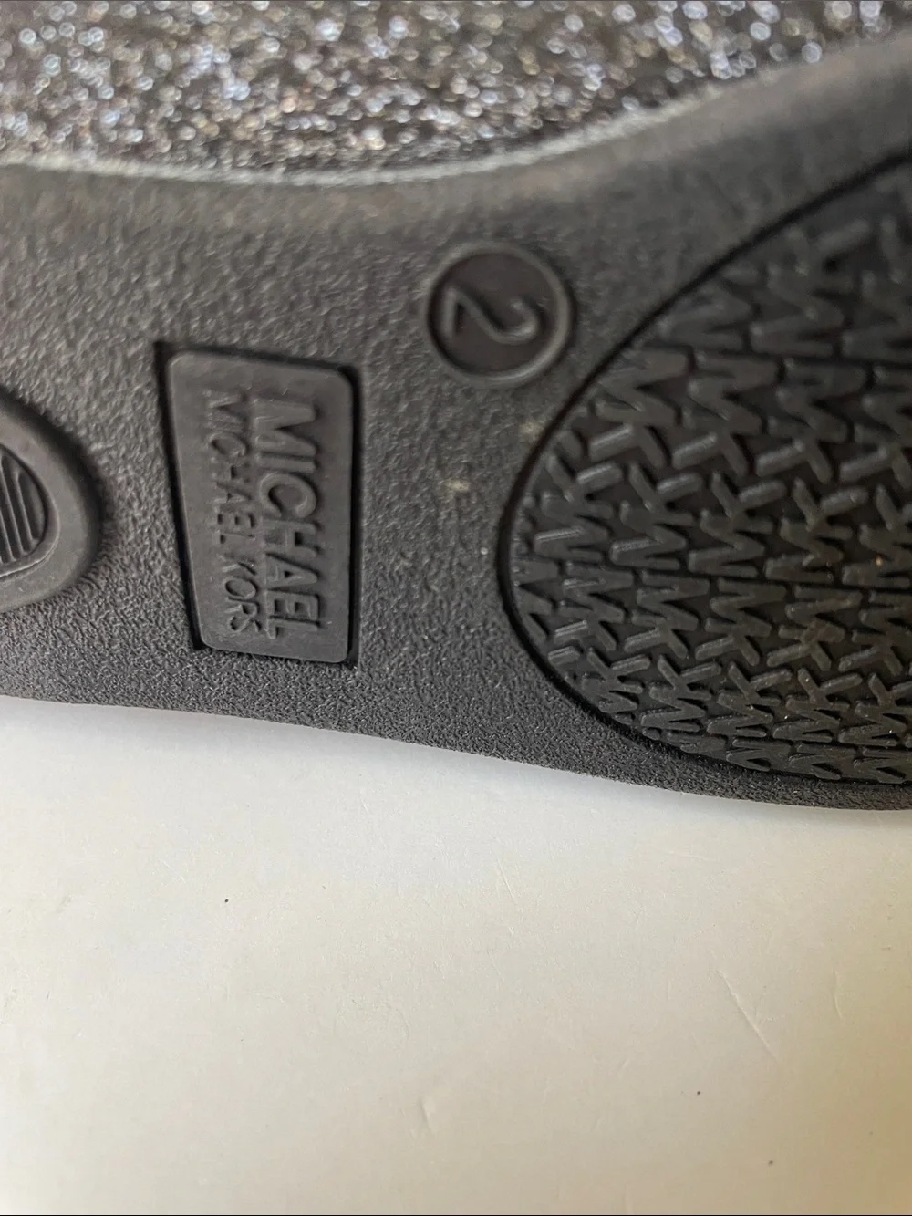 Michael Kors  Youth ( Big Girls ) Size 2 Black Glitter MK Logo Ankle-Strap Flats